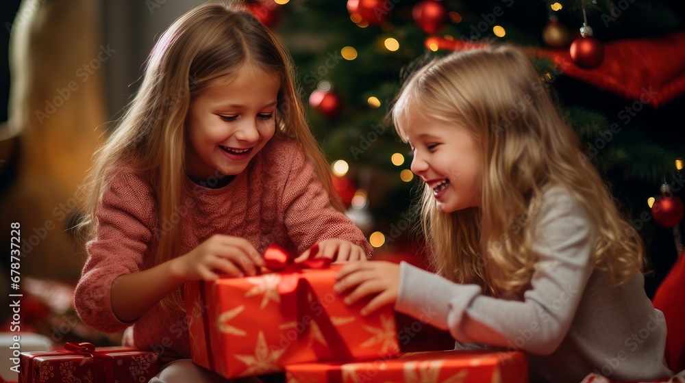 Happy children opening Christmas gifts. Merry Christmas and Merry New Year concept. Happy children opening Christmas gifts. Merry Christmas and Merry New Year concept.