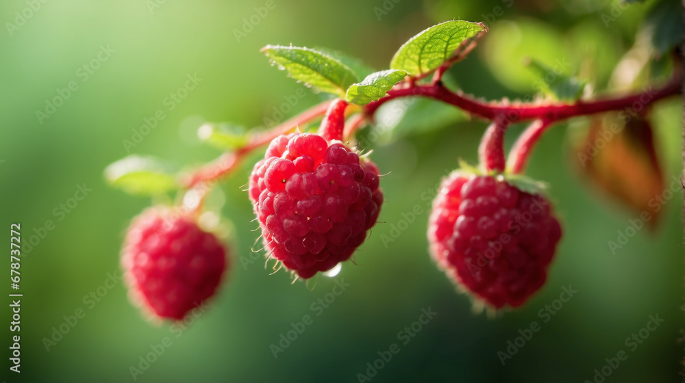 A closeup of a couple of Respberry hanging on a branch with a defocused background - AI Generative A closeup of a couple of Respberry hanging on a branch with a defocused background - AI Generative