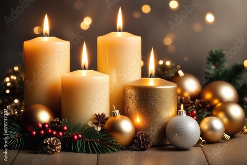 Burning candles with christmas decoration on dark background, closeup