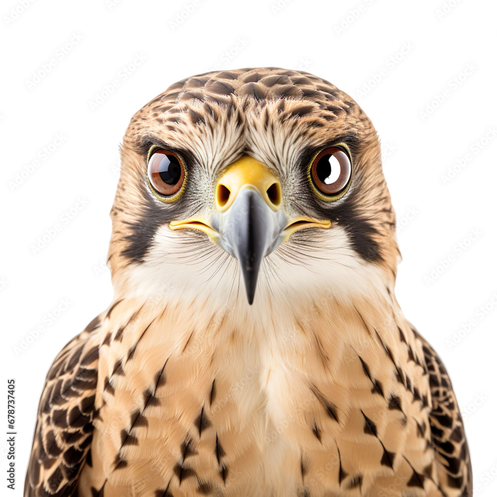 Obraz premium front view face close up of Falcon bird on a white transparent background