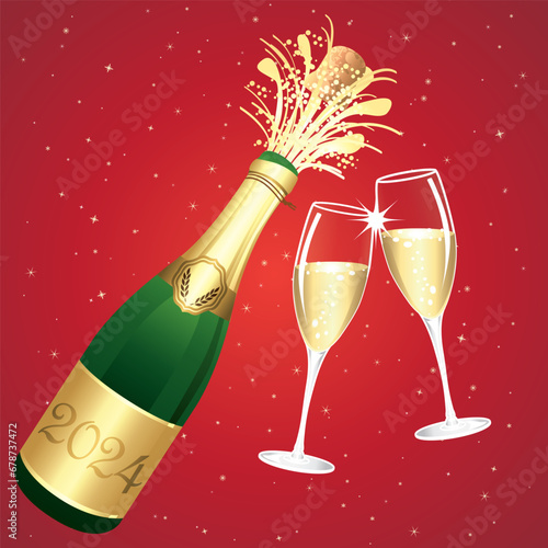 Champagne toast. Red and gold Happy New Year 2024 or Congratulations Greeting card. Champaign bottle festive background. Vector illustration.