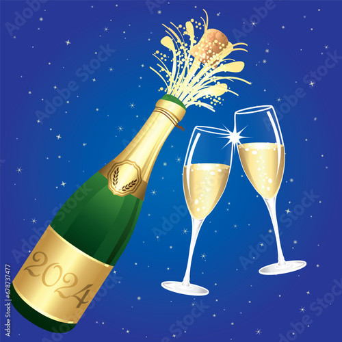 Champagne toast. Blue and gold Happy New Year 2024 or Congratulations Greeting card. Champaign bottle festive background. Vector illustration.