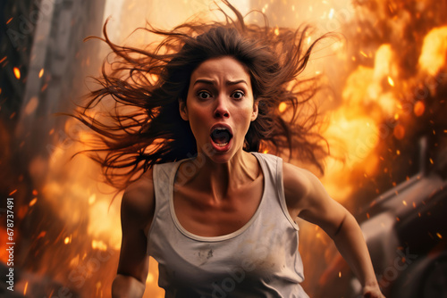 Afraid woman run away from bomb explosion, shell photo