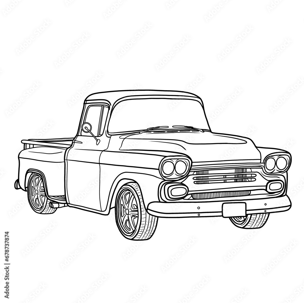 Classic pickup truck Black and white vector line art illustration design hand drawing, isolated on white background