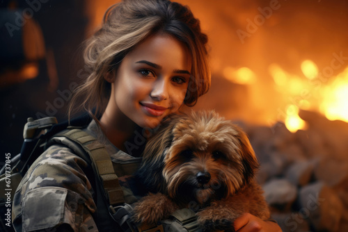 Soldier girl holding dog, pet rescue