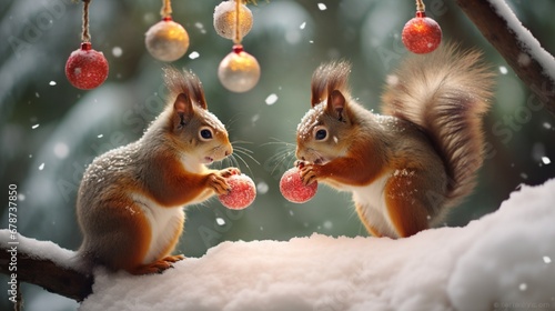 Two squirrels scurry up a snowy tree, engaging in a playful tug-of-war with a shimmering Christmas ornament. photo