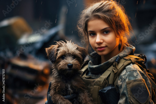 Soldier girl holding dog, pet rescue