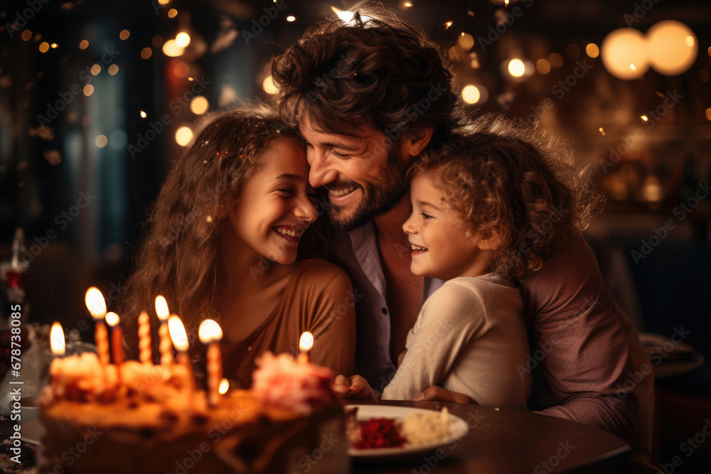 Family celebrates child's daughter's birthday with cake with burning candles Family celebrates child's daughter's birthday with cake with burning candles