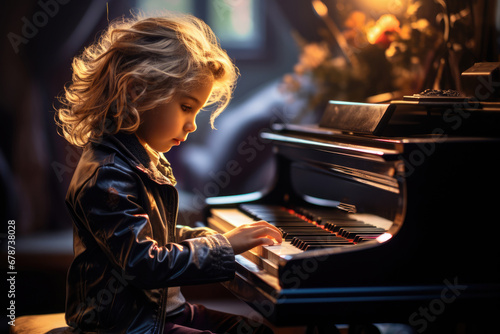 Little boy playing piano, talented gifted musical child