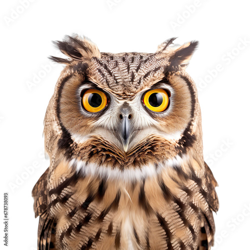 front view face close up of Owl bird on a white transparent background