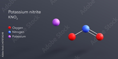 potassium nitrite molecule 3d rendering, flat molecular structure with chemical formula and atoms color coding photo