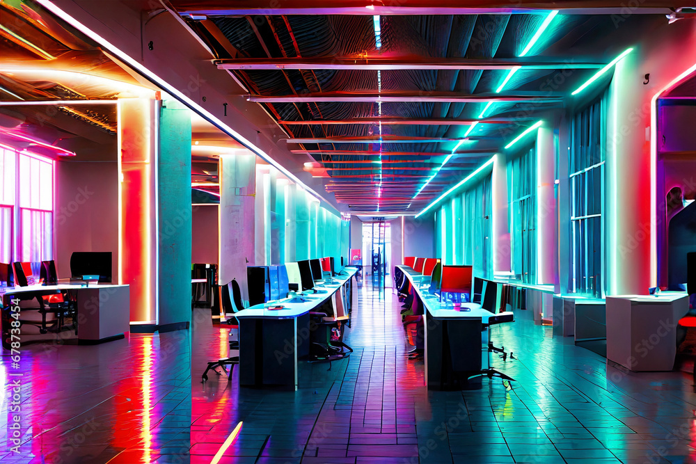 Modern futuristic business neon cyberpunk open space office interior.Corporate strategy for finance, operations,marketing.Tables with computers for work.Technology Concept.