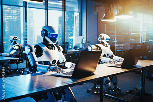 Robot working at computer.Robot works instead of a person.Maschine typing on keyboard in office.IT team of future.Futuristic worker.Humanoid work at office.Support job.Business concept. Technologies.