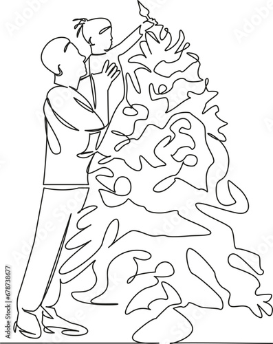 dad and daughter decorate the Christmas tree