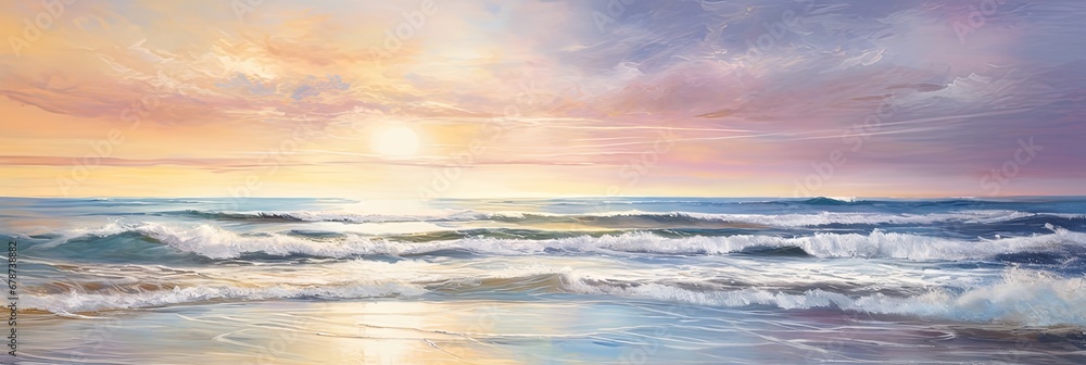 painting of beautiful beach at sunset with waves , generated by AI