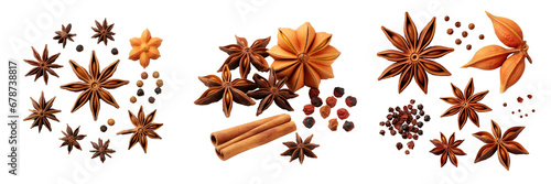 Set of Star anise spice fruits and seeds isolated on transparent or white background