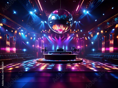 Colorful dance floor. The disco ball performance begins with the lighting and the audience.