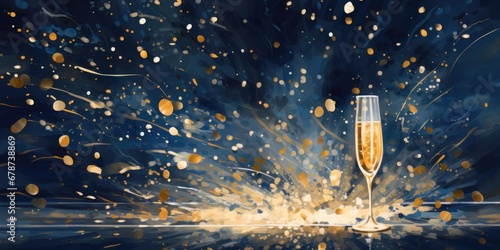A single glass of champagne, celebrating New Year's Eve, illustration, card background