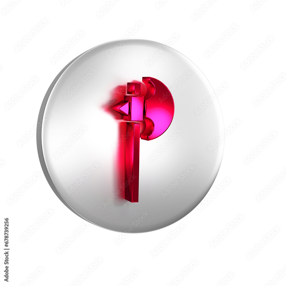 Red Medieval axe icon isolated on transparent background. Battle axe, executioner axe. Medieval weapon. Silver circle button. Red Medieval axe icon isolated on transparent background. Battle axe, executioner axe. Medieval weapon. Silver circle button.