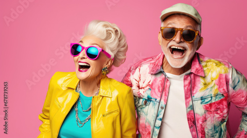 Elderly folks radiating joy, dressed in lively and fashionable clothing