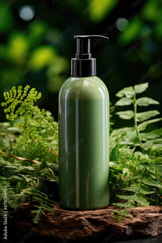Green jar with a dispenser for organic and natural cosmetics on a wooden podium against the background of branches made of leaves. Layout for logo and label application Green jar with a dispenser for organic and natural cosmetics on a wooden podium against the background of branches made of leaves. Layout for logo and label application
