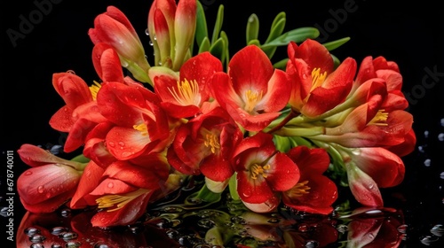 Beautiful red freesia flowers with water drops on black background. Springtime Concept. Mothers Day Concept with a Copy Space. Valentine s Day.