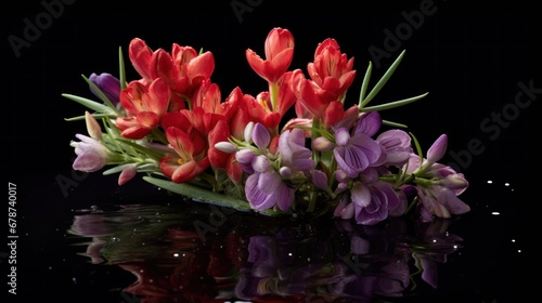 Beautiful bouquet of freesia on a black background. Springtime Concept. Mothers Day Concept with a Copy Space. Valentine s Day.