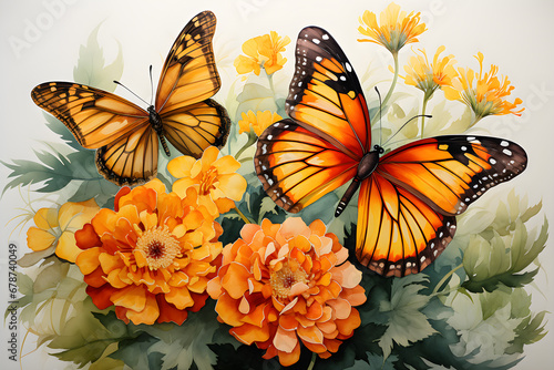 Watercolor of butterfly and flower on white background.