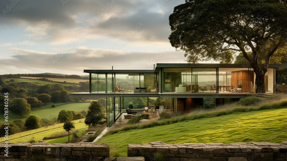 New modern glass house in the meadow