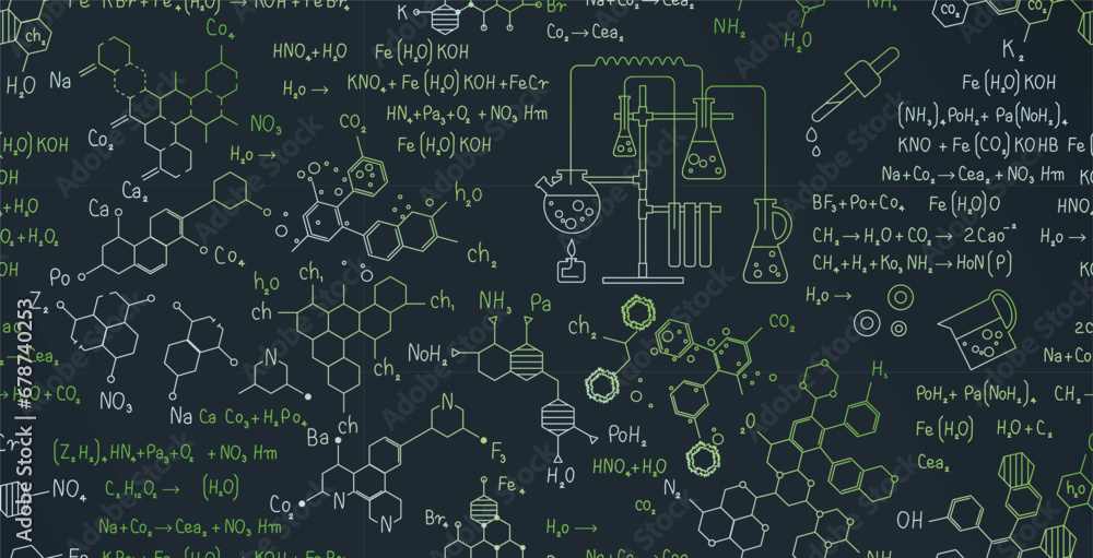 Chemical patterns and scientific formulas seamless vector.