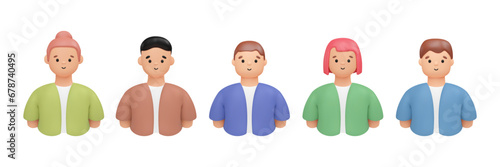 Set of 3d people portraits. Cute women and men faces, render of profile avatar icon in cartoon plastic style. Vector isolated illustration. Cheerful character in shirt, child clipart.