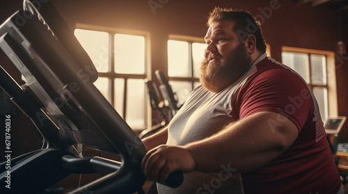 Obesity man in the gym working on losing weight. 