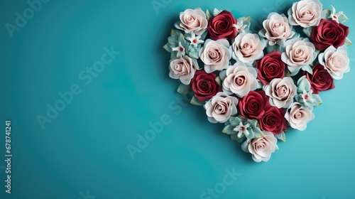 Un ramo de rosas rojas y blancas en fondo azul turquesa con espacio para texto. Concepto del día de los enamorados. Generado por IA.