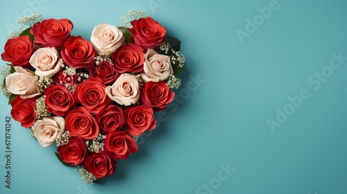 Un ramo de rosas rojas en fondo azul turquesa con espacio para texto. Concepto del día de los enamorados. Generado por IA. photo