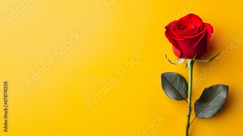 Una rosa roja en fondo amarillo con espacio para texto. Concepto del día de los enamorados. Generado por IA. photo