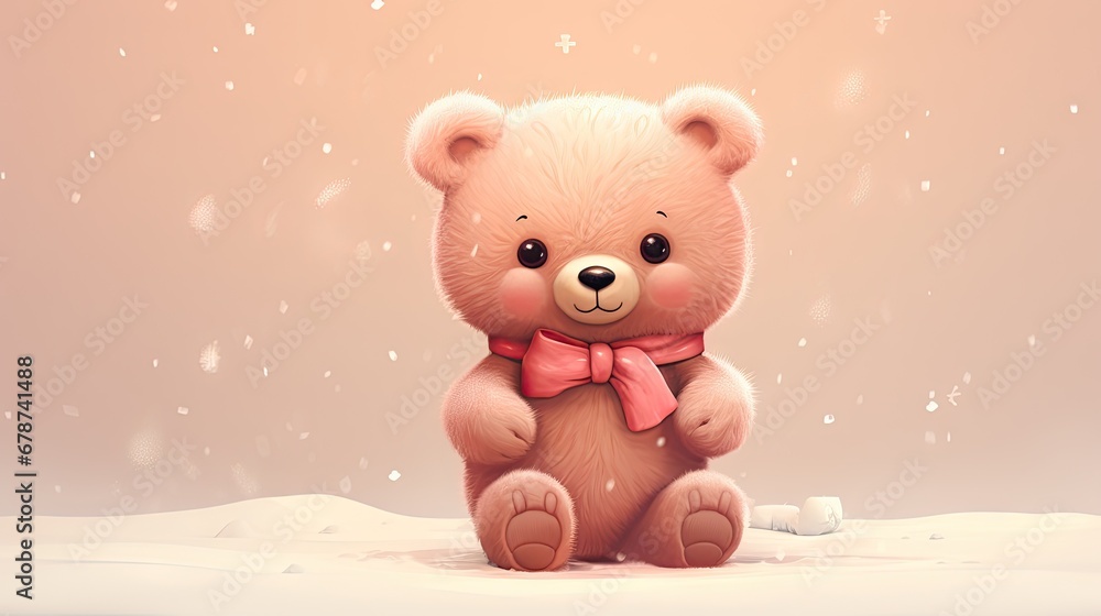 a brown teddy bear with a pink bow sitting in the snow with snow flakes on it's sides and a pink background with snow flakes and snow flakes. a brown teddy bear with a pink bow sitting in the snow with snow flakes on it's sides and a pink background with snow flakes and snow flakes.