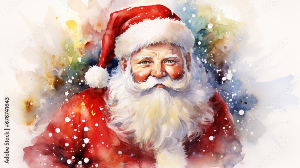a watercolor painting of a santa clause wearing a red suit and white beard with snow falling down on his chest and chest, and his right hand in his left hand. a watercolor painting of a santa clause wearing a red suit and white beard with snow falling down on his chest and chest, and his right hand in his left hand.