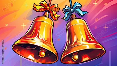  a painting of two bells with a bow on top of one of them and a ribbon on the end of one of the bells, and a bow on top of the other. photo