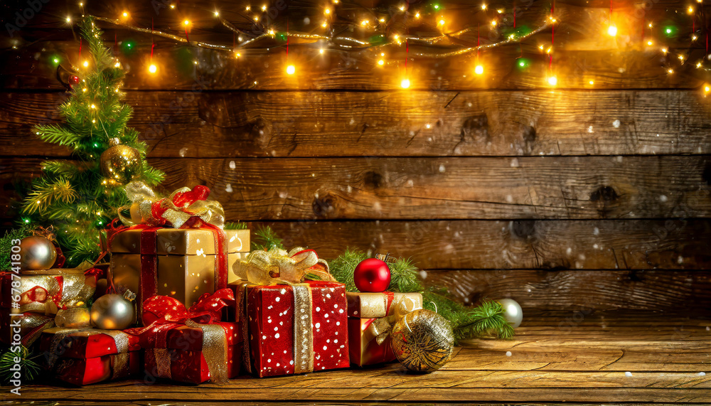 Christmas decoration with gifts and lights on wooden background