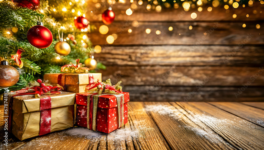 Christmas decoration with gifts and lights on wooden background