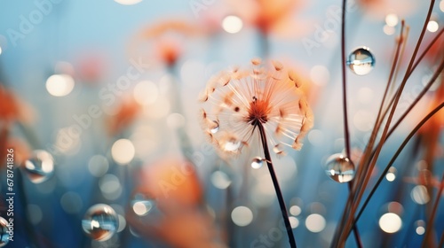  a close up of a dandelion with drops of water on the dandelions in the foreground and a blue sky in the background with white and orange flowers in the foreground.