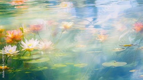  a group of water lilies floating on top of a lake next to a forest filled with green leafy plants and water lilies next to a body of water.