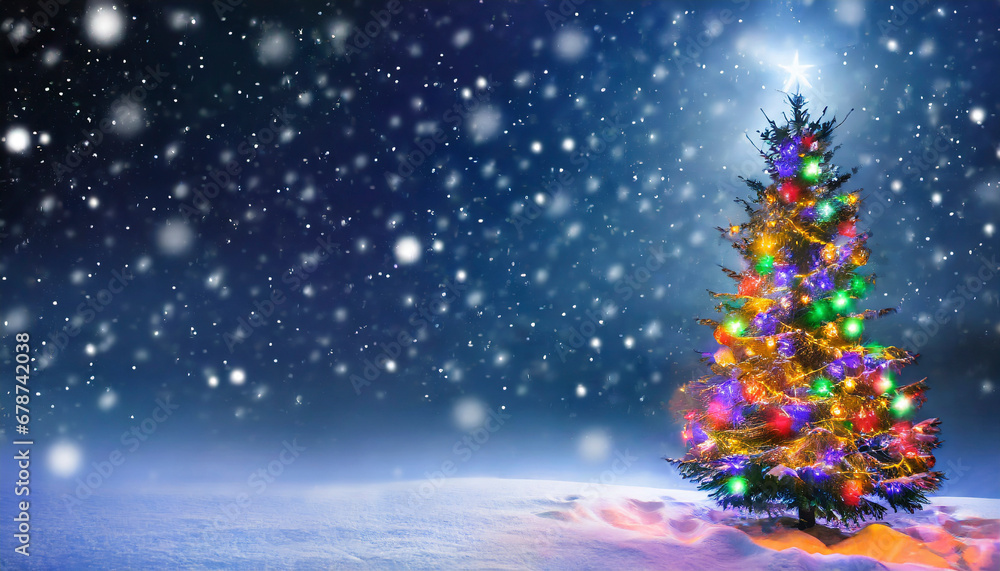 Christmas tree with lights on snowy winter background with copy space