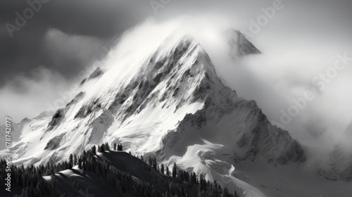  a black and white photo of a snow covered mountain with pine trees in the foreground and low clouds in the sky over the top of the top of the mountain.