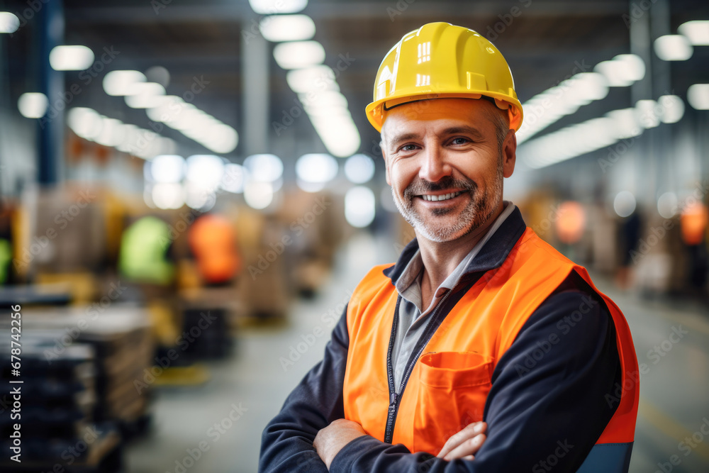 A man wearing protective clothing is smiling in an industrial warehouse. A man wearing protective clothing is smiling in an industrial warehouse.