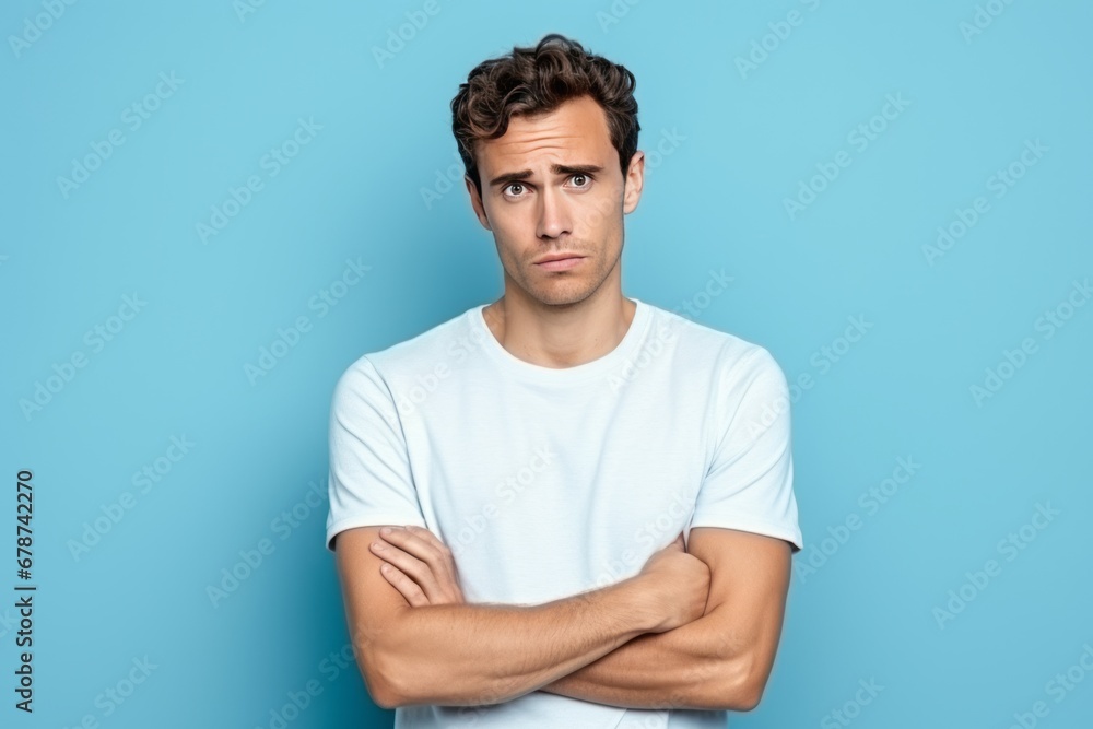 Confident Young Man in White T-Shirt on Blue Background Confident Young Man in White T-Shirt on Blue Background