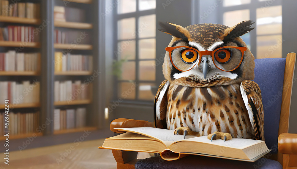 Smart owl wearing reading glasses with a book in the library Smart owl wearing reading glasses with a book in the library