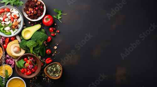 Food background. Top view of olive oil, cherry tomato, herbs and spices on rustic black slate. Colorful food ingredients border. empty space for banner.