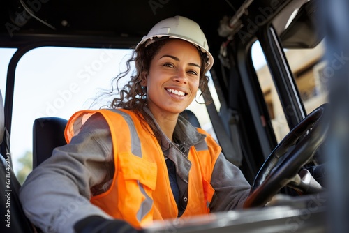 Female Construction Worker Driving a Truck at Work Site” photo