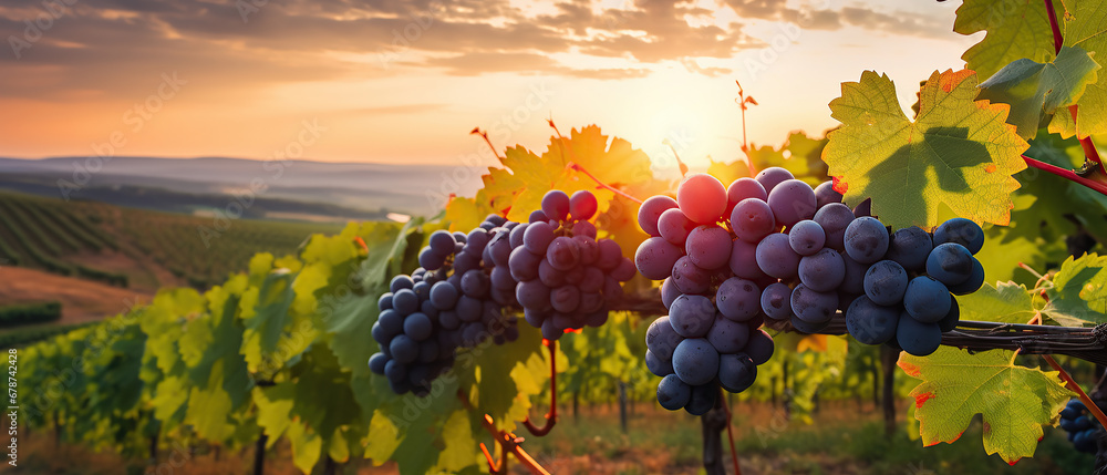 Black grape on vineyards background, winery at sunset, panoramic view banner.